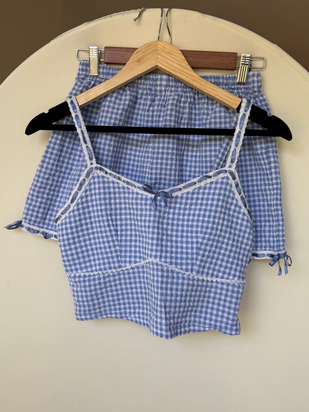 Coquette SET Gingham Cottagecore Eyelet Corset Crop Top and Shorts size S